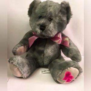 Grey Plush Bear With Pink Hearts On Foot
